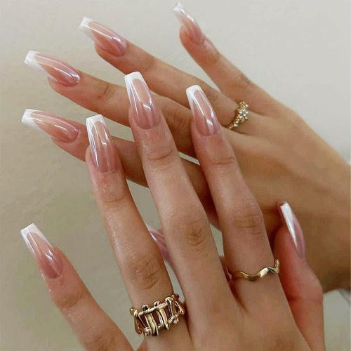 24Pcs White Chrome Medium Square Press on Nails with Mirror Metal Design, Glossy Pink False Nails Gel Glue on Nails, Sparkly Metallic Manicure Art Acrylic Fake Nails Stick on Nails for Women Girls