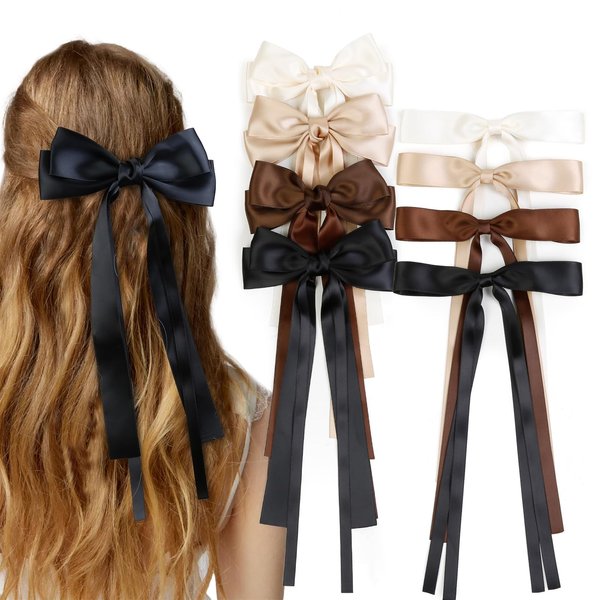 8PCS Silky Satin Hair Bows Hair Ribbon Hair Clips for Women Girls, Black Bow for Hair Long Ribbon Bow Hair Clips Bowknot Hair Accessories for Women Birthday Gifts