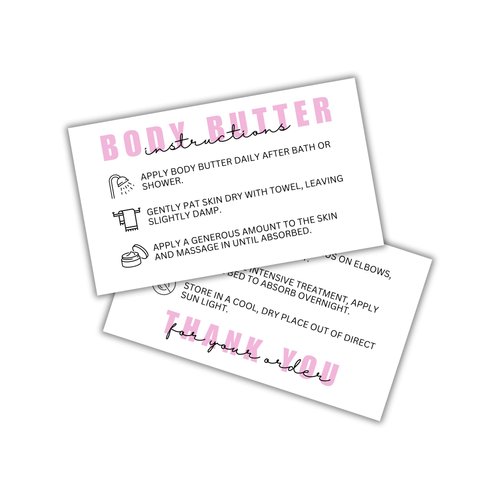 Body Butter Care Instruction Cards | 50 pk 2x3.5” Client Packaging Bulk Jar Ingredient Warning Label Stickers Container Stick
