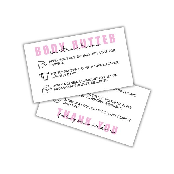 Body Butter Care Instruction Cards | 50 pk 2x3.5” Client Packaging Bulk Jar Ingredient Warning Label Stickers Container Stick