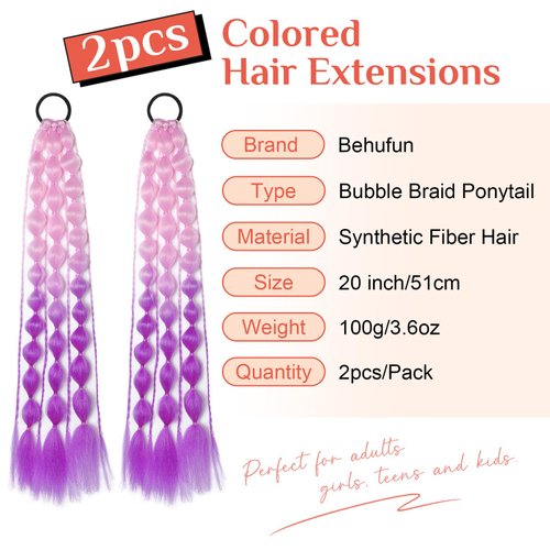 Colored Hair Extensions, Behufun 2Pcs 20" Lightweight Colored Hair Extensions for Kids Bubble Ponytail Extension with Hair Tie, Ombre Crazy Hair Day Accessories for Girls Festival Rave B42