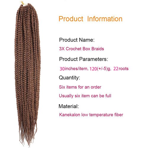 Mayloss 6 Packs/Lot (14/18/24/30) inch 1cm 20 Strands/Pack Thin 3X Box Braid Crochet Hair Extensionin Diameter 3X Synthetic Braid Hair Extensions Crochet Braids Hair Color(30Inch 30)