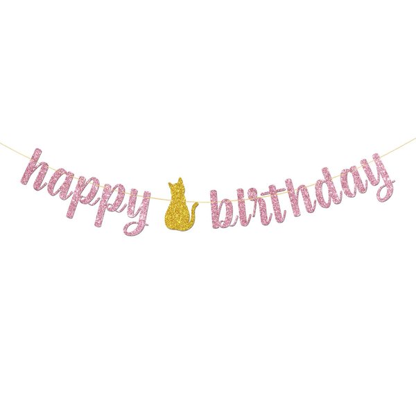 RoadSea Cat Happy Birthday Banner - Kitten Girl Kid Birthday Party Garland Supplies - Moew Let's Pawty Banner - Pet Cat Birthday Party Decorations - Gold Glitter