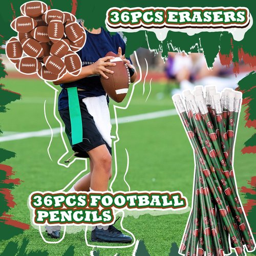 Miucat 36 Set Football Pencils and Football Erasers, Sport Pencils & Erasesrs, Fun Wooden Pencil, Birthday Pencils for Kids, Football Party Favors for School