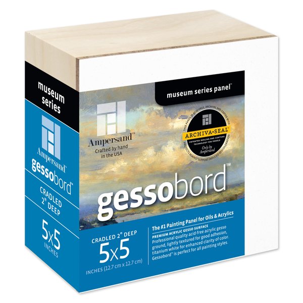 Ampersand Art Supply Gesso Wood Painting Panel: Museum Series Gessobord, 5" x 5", 2" Cradled Profile