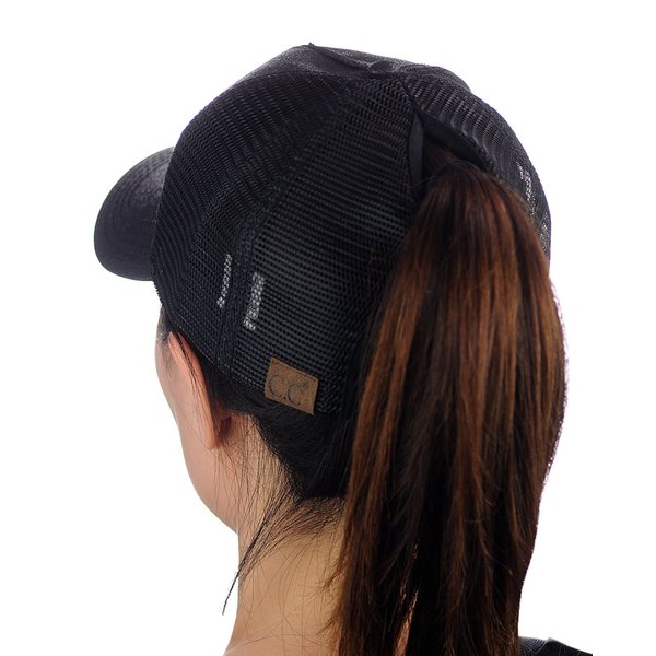 C.C Ponycap Messy High Bun Ponytail Adjustable Glitter Mesh Trucker Baseball Cap, Black