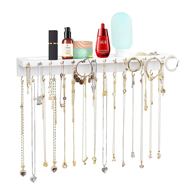 YYILIS Necklace Holder, Upgraded Wall Necklace Organizer with 30 Hooks Wall Mounted Necklace Hanger with Jewelry Tray/Cosmetics Shelf Rustic Pine Wood Holder for Necklaces and Bracelets