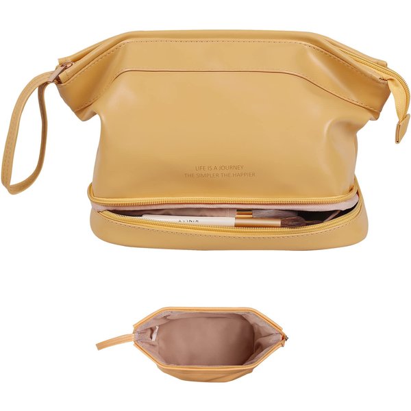 Abiudeng Makeup Bag,Double Layer Travel Makeup Bag,Portable Leather Toiletry Bag,Roomy Cosmetic Bag for Women and Girls.Yellow