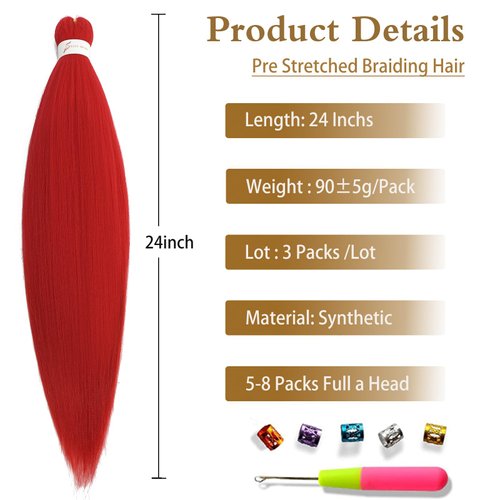 Pre Stretched Braiding Hair Long Braid 24 Inch 3 Packs Braiding Hair Extensions Professional Synthetic Fiber Crochet Twist Braids (Red, 24Inch (Pack of 3))