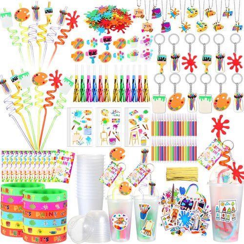 Tondiamo 206 Pcs Art Paint Party Favors Include Gift Cup Plastic Straw Color Pen Keychain Pendant Bracelet Ring Temporary Tattoo Party Blower Card Splatter Confetti for School Reward Birthday Party