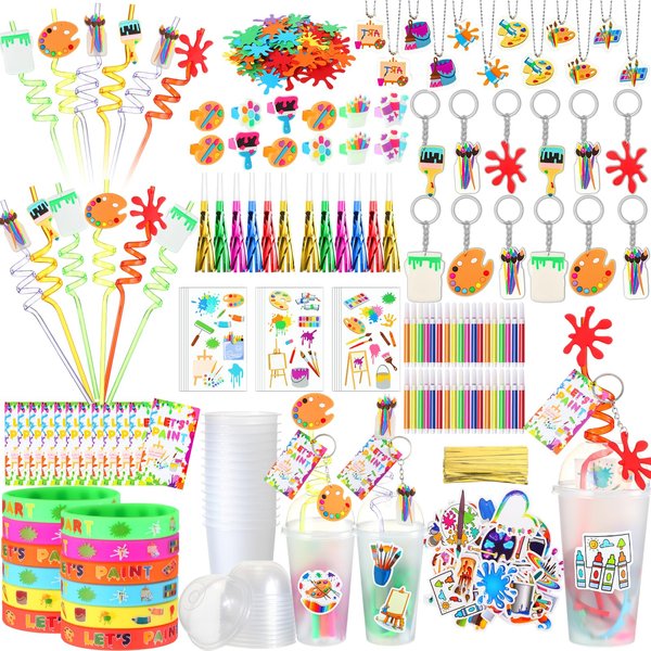 Tondiamo 206 Pcs Art Paint Party Favors Include Gift Cup Plastic Straw Color Pen Keychain Pendant Bracelet Ring Temporary Tattoo Party Blower Card Splatter Confetti for School Reward Birthday Party