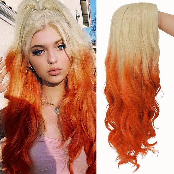 Swiking Blonde Ombre Orange Long Curly Wig Oange Wave Wig Synthetic Middle Part Fluffy Hair Cosplay Party Costume Wigs