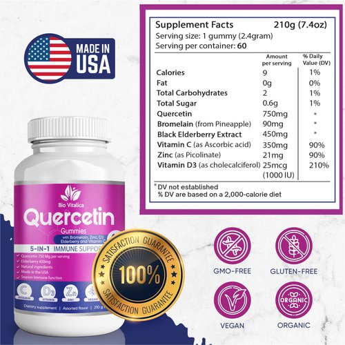 BIO VITALICA (6 Pack) Quercetin Gummies by BioVitalica - Quercetin with Bromelain Vitamin C and Zinc & Elderberry + Vitamin D3-5 in 1 Immune Support - Zinc Quercetin 750 mg for Kids and Adults