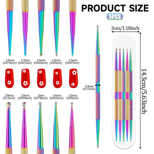 5Pcs Dotting Tools Nail Art Dotting Pen, 5 Sizes Nail Dotting Tool Set, Stainless Steel Nail Dotting Pen for Manicure Embossing Tracing, Professional Nail Salon Tools