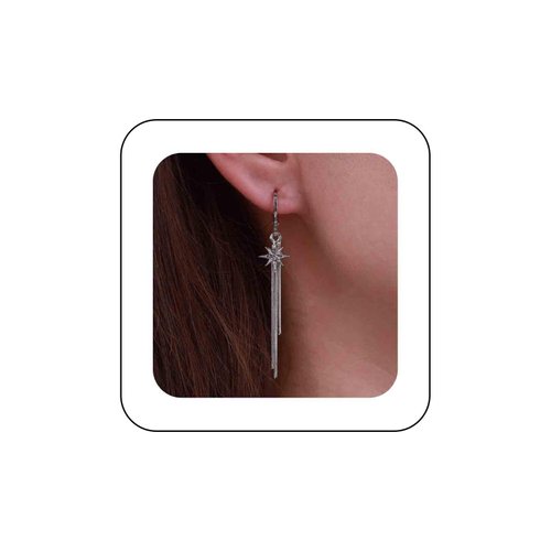 Sttiafay Vintage Crystal Northstar Dangle Earrings Long Star Tassel Chain Earrings Silver Metal Sleek Chain Earrings Cz North Star Tassel Chain Drop Earrings Jewelry for Women and Girls
