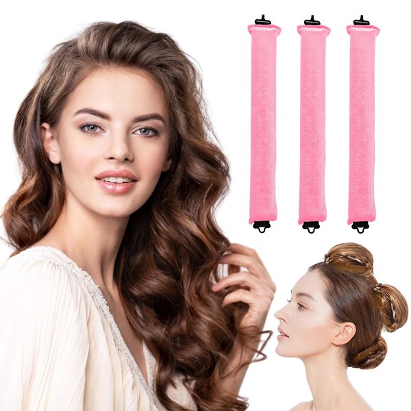 Overnight Blowout Rods, Heatless Hair Curler Flexi Rods Overnight Hair Curlers Heatless Hair Rollers, Heatless Curling Rods with Hook Hair Curlers Soft Heatless Curls Heatless Curlers-3PCS Pink