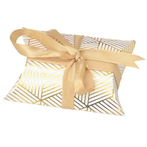Aokbean 100 Pack Mini Pillow Candy Box Small Gift Boxes with 50 Yards Ribbon for Christmas Wedding Party Favor Gift, Jewelry or Soap Packaging (Gold Stripes)