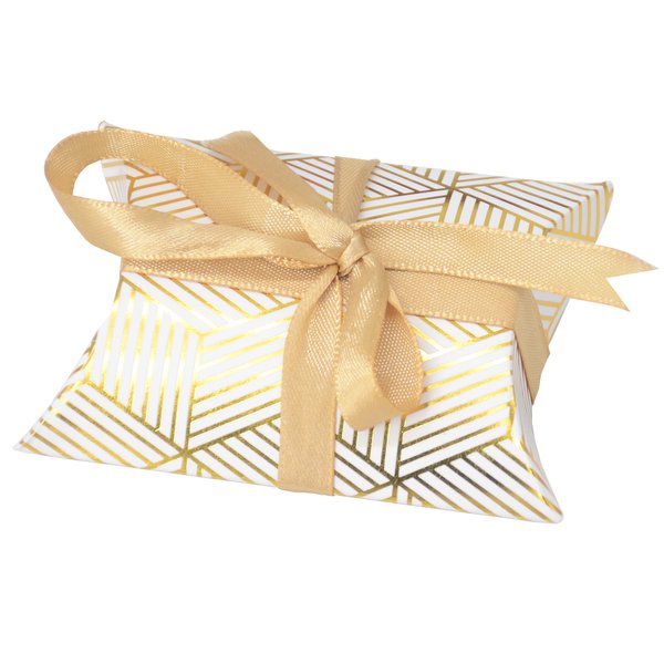 Aokbean 100 Pack Mini Pillow Candy Box Small Gift Boxes with 50 Yards Ribbon for Christmas Wedding Party Favor Gift, Jewelry or Soap Packaging (Gold Stripes)