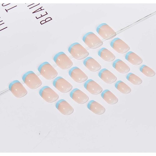Foccna 24pcs French Tip Blue Fake Nails Glossy Square Press on Nail False Nails Tips Artificial Finger Manicure