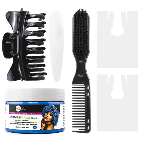 VOLLUCK Hair Color Wax Temporary Hair Color Blue Hair Dye Hair Coloring Kit Include Disposable Capes + Brush + Cosmetic Spoon + Claw Clips for Party, Cosplay, Halloween, Christmas 4.23 Oz.(Blue)