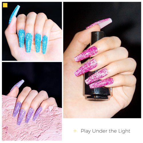 BURANO Reflective Glitter Gel Polish, Rose Blue Purple Silver Holographic Glitter Gel Nail Polish, Soak Off Disco Gel Polish with Cuticle Oil Gift UV Lamp Required