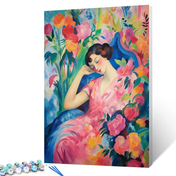 Sleeping Girl Paint by Numbers Kits with Brushes and Acrylic Pigment on Canvas Painting for Adults, Graffitic Garden Flowers Arts Crafts Project for Home Decor Gifts 16''x20'' Boho Gift(DIY Framed)