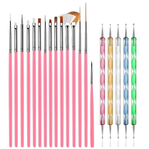 AIBEE 20pcs Nail Art Design Tools, 15pcs Nail Art Brushes Kit with 5pcs Nail Dotting Pens, PINK (pink)