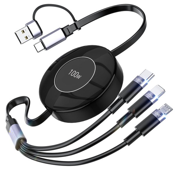 3-in-1 Retractable Multi Charging Cable, 100W Retractable Charger Cord, USB-C/A to Lightning/USB-C/Micro USB Phone Charger Cord for iPhone 15, iPhone 16, Samsung, MacBook, iPad