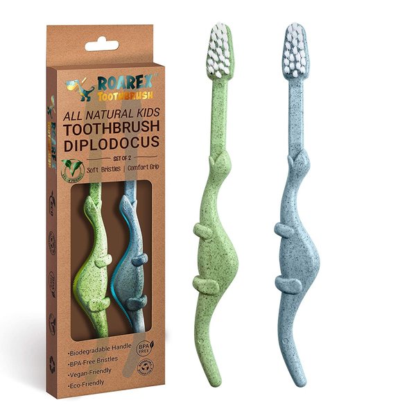 ANPEI ROARex Vegan Eco Friendly Natural Dinosaurs Inspired Kids Toothbrush Made from Plants | 100% Biodegradable and Compostable | 1% for The Planet Product