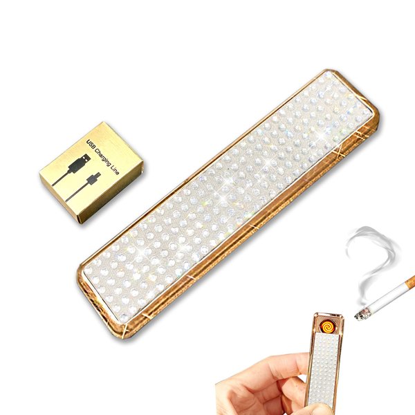 Rhinestone Lighter Electric Lighter Rechargeable Bling Glitter USB Lighter Flameless Girls Lighter for Women (White Sliver)