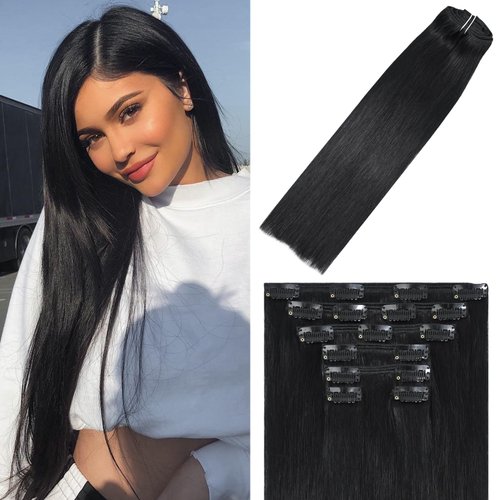WindTouch Clip in Hair Extensions Real Human Hair #1B Natural Black Hair Extensions Clip Ins 16inch 120g 7Pcs Human Hair Clip in Extensions Soft Straight Black Clip in Hair Extensions