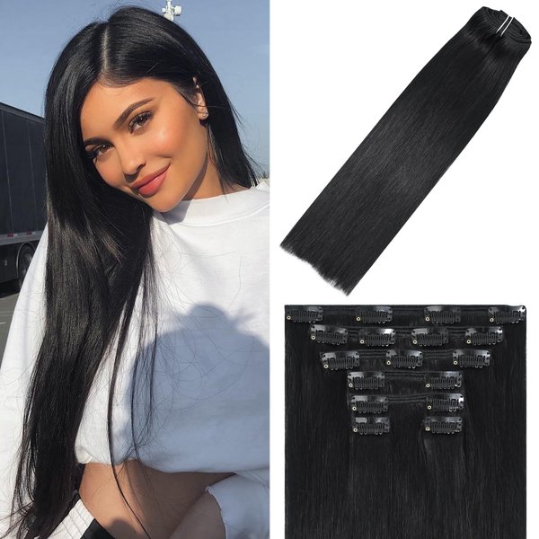WindTouch Clip in Hair Extensions Real Human Hair #1B Natural Black Hair Extensions Clip Ins 16inch 120g 7Pcs Human Hair Clip in Extensions Soft Straight Black Clip in Hair Extensions