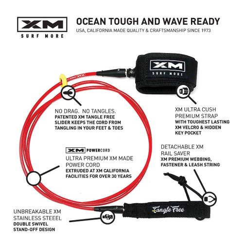 XM SURF MORE Comp 6ft Surfboard Leash with Tangle Free Upgrade, Cord Thickness (.220in), Key Pocket, Unbreakable Swivels, Detachable Railsaver, Made in USA