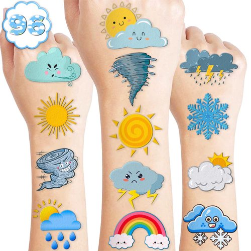 100 PCS Weather Forecast Temporary Tattoos Themed Birthday Party Decorations Favors Supplies Decor Tornado Rainbow Clouds Sun Tattoo Stickers Gifts For Game Kids Boys Girls Classroom School Prizes