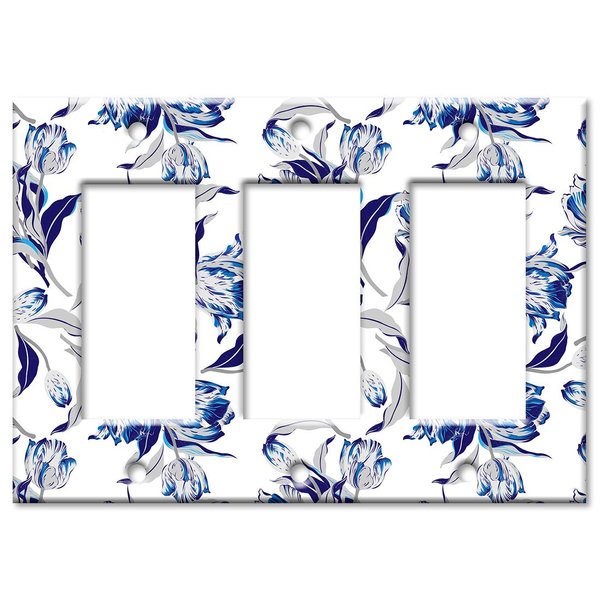 Art Plates 3 Gang Decora - GFCI Decorative Metal Wall Plate - Blue and Gray Flower Toss - (Made in USA)
