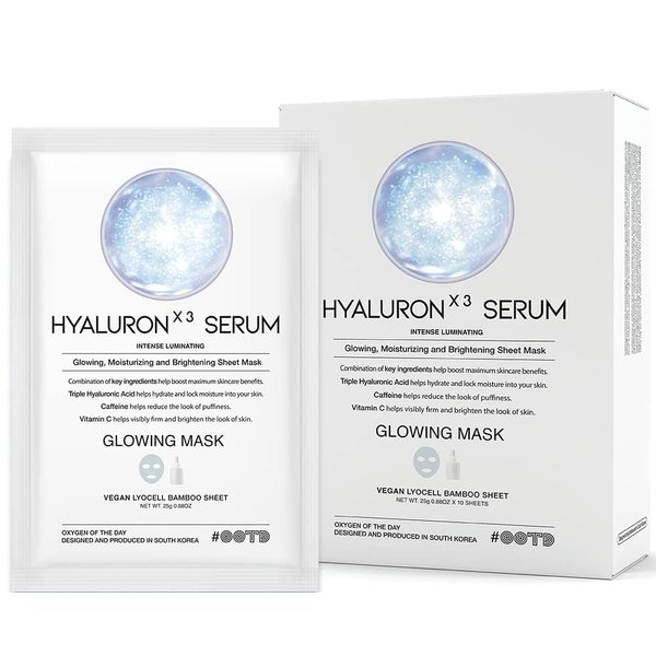 #OOTD Triple Hyaluron Hydrating Mask for Dry and Sensitive Skin, Anti Aging, Tightening and Moisturizing, Korean Vegan Beauty, Hyaluronic Acid, Caffeine, Vitamin C 10EA