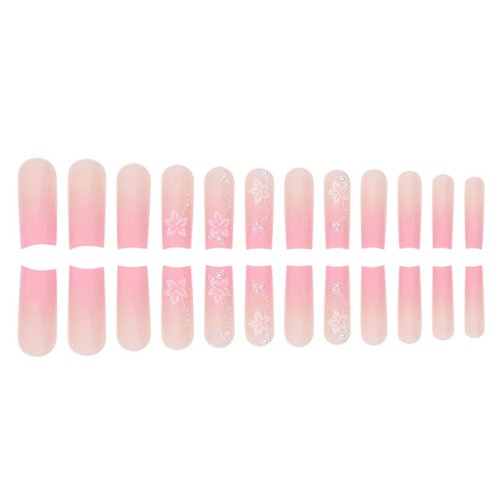 Foccna Artificail Extra Long Press on Nails, Gradient Pink Fake Nails Square Acrylic Pink Full Cover False Nails with Design Nail Tips for Women&Girls, 24PCS