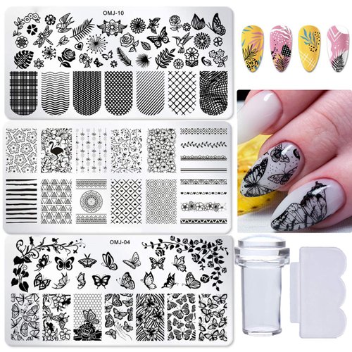 3pcs Nail Stamper Plate Kit Butterfly Leaves Image Nail Stamping Template with Clear Stamp and Scraper for Nail Art Design