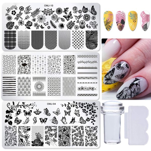 3pcs Nail Stamper Plate Kit Butterfly Leaves Image Nail Stamping Template with Clear Stamp and Scraper for Nail Art Design