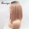 Xiweiya Short Wigs Rose Gold Straight Cut Bob Lace Front Wigs with Dark Root Middle Part Short Pink Bob Short Soft Wig Heat Resistant Fiber Hair Replacement Wig Women Drag Queen Makeup 12 inch