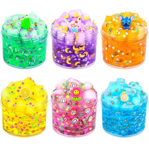 6 Pack Jelly Cube Crunchy Slime Kit, with Yellow, Pink, Purple, Green & Blue Clear Crunchy Slime, Super Soft Sludge Toy with Cute Charms, Party Favors Christmas Slime for Girls and Boys