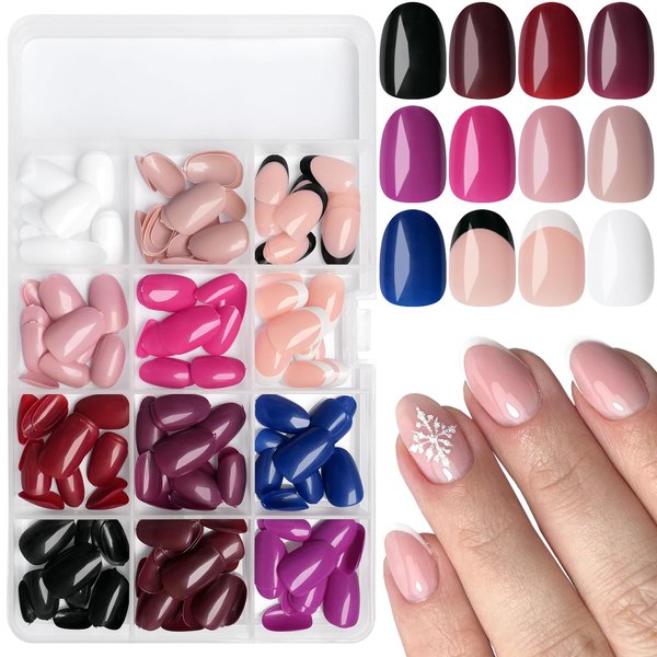 LoveOurHome 288pc Oval Press on Nails Short Fake Nails Tips Acrylic Nails Press ons Nail Short Almond Glue on Nail French Tips Press on Nail Women Girls Artificial False Nail with Adhesive Tabs