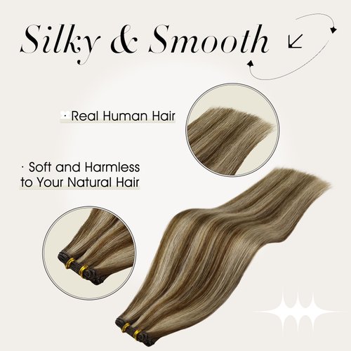 Full Shine 22 Inch Genius Weft Hair Extensions Human Hair Hand Tied Weft Extensions Remy Hair Weft For Women Sew In Extensions Soft Silky Hair Color Medium Brown Highlight Honey Blonde 60G