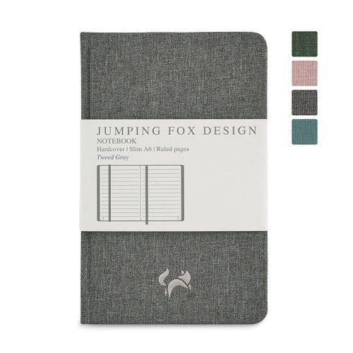 JUMPING FOX DESIGN Slim A6 Pocket Notebook College Ruled, 3.6" X 5.7", Hardcover Small Notebook Journal, 100 GSM Thick Paper, Numbered Pages, Inner Pocket, Gift Box (Lined, Linen Fabric – Tweed Gray)