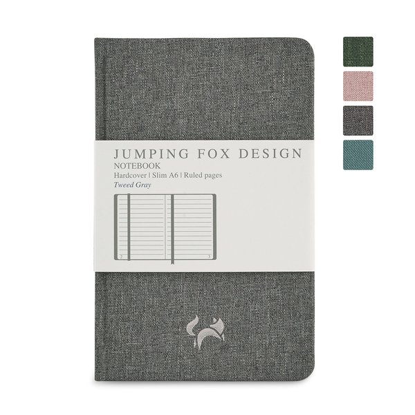 JUMPING FOX DESIGN Slim A6 Pocket Notebook College Ruled, 3.6" X 5.7", Hardcover Small Notebook Journal, 100 GSM Thick Paper, Numbered Pages, Inner Pocket, Gift Box (Lined, Linen Fabric – Tweed Gray)