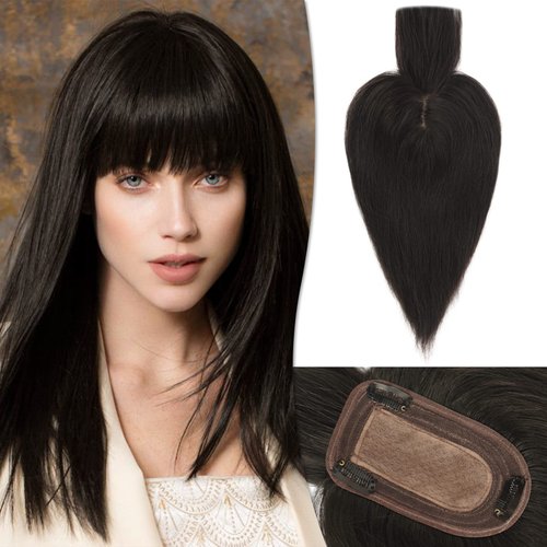 RUWISS Human Hair Topper with Bangs Crown Topper Hair Pieces for Women Short Wiglet Topper for Thinning Hair 7.5 * 13CM Silk Base 100% Real Human Hair Clip in Topper 10Inch 35g（Natural Black）