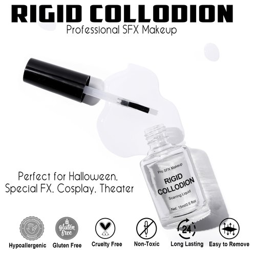CCbeauty Halloween Rigid Collodion with Brush 0.5 fl oz, Cosmetic Scarring Liquid, Scar Liquid, Liquid Scar Makeup, SFX Scar Makeup for Special Effects FX, Stage, Cosplay, Costume, Film, Theatre
