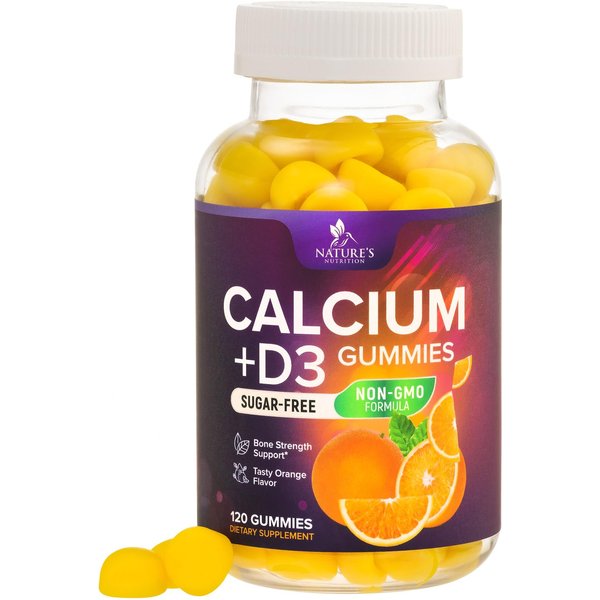 Sugar Free Calcium Gummy Bites Plus 400 IU Vitamin D3, Bone Health & Immune Support - Chewable Calcium Nutrition Supplement, Non-GMO, Orange Flavor Chews - 120 Gummies