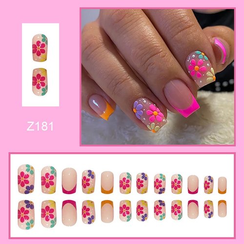 24Pcs Spring Press on Nails Short Square French Tip Fake Nails Full Cover Coffin Artificial Glue on Nails Pink Flower False Nails Design Nail Art Supplies for Women Girls DIY Acrylic Nail Decorations