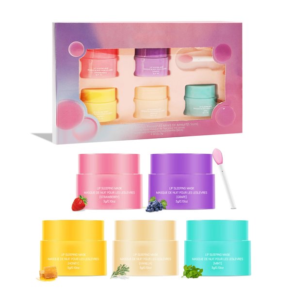 Lip Sleeping Mask Set-5 Pcs Lip Balm Hydrating Lip Mask Overnight Lip Treatment Care for Dry Cracked Lips,Day &Night Moisturize &Nourish Korean Lip Gloss Women to Improve Lip Color With Shea Butter